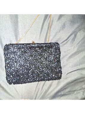Vintage Black Beaded Sequin Clutch Gold Chain Purse